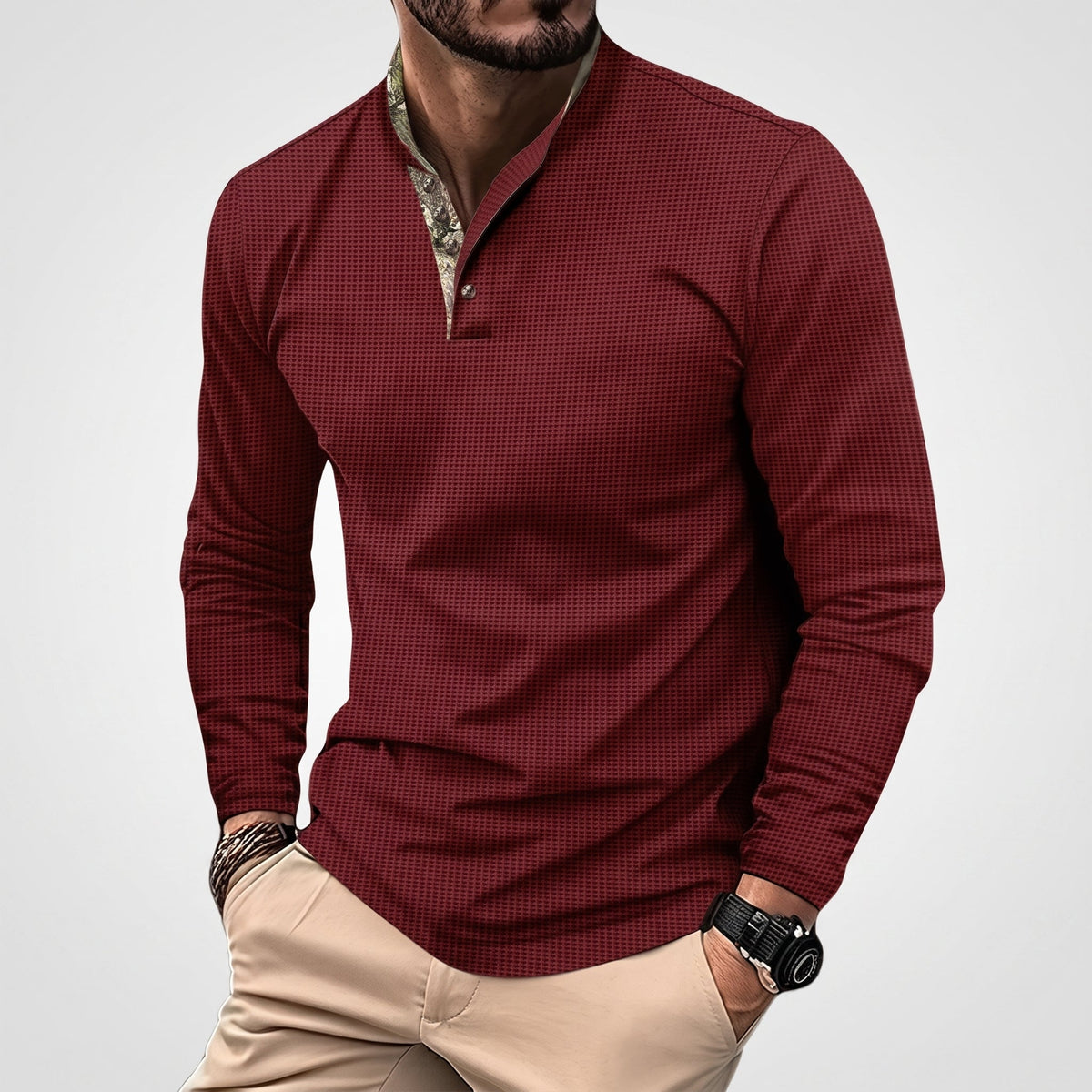 James - Men's Long Sleeve Henley Polo Shirt with Contrast Placket - Polos - Red - Parker&Brooks