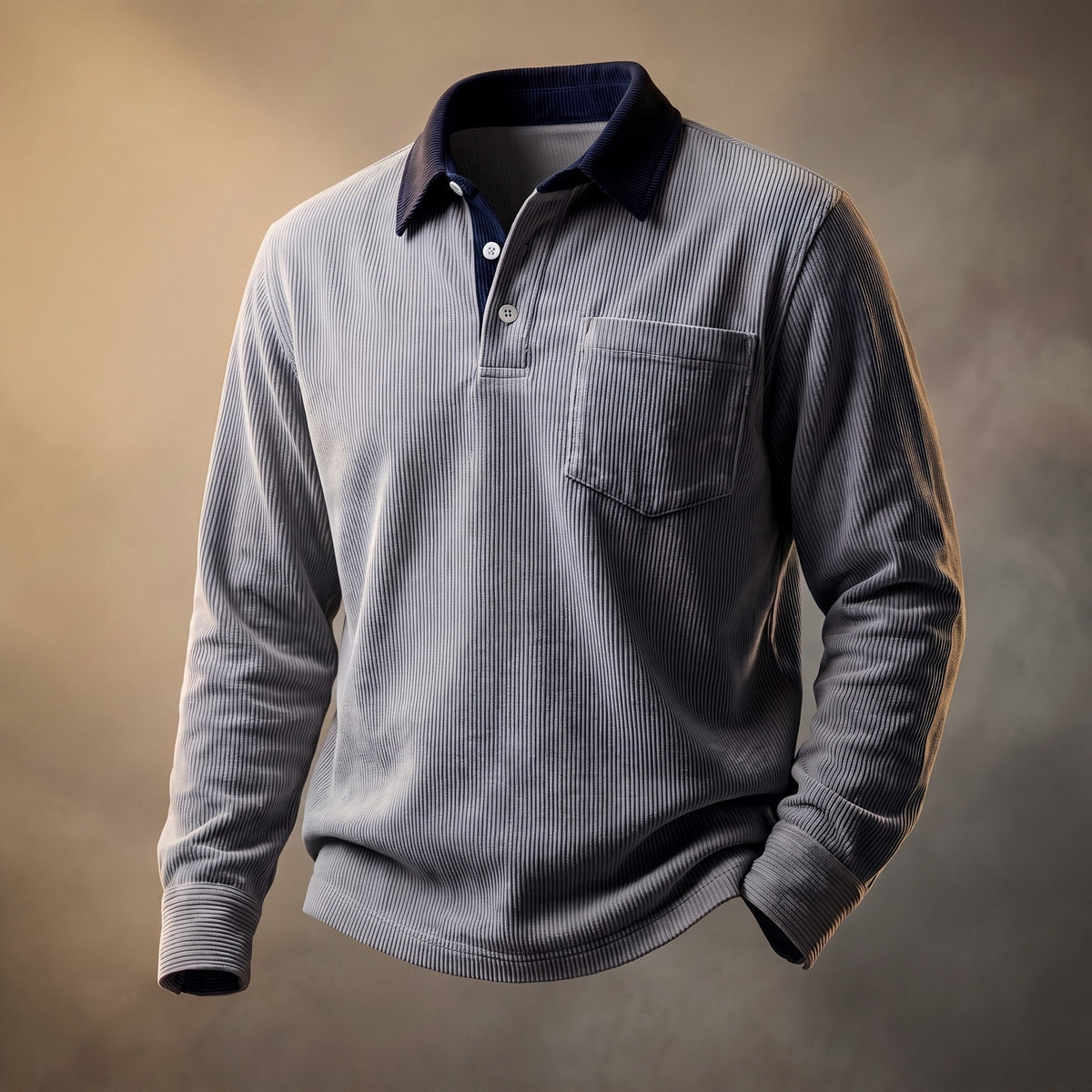 James - Men's Long Sleeve Ribbed Polo Shirt with Chest Pocket - Polos - Gray - Parker&Brooks