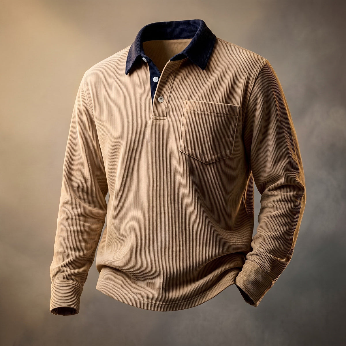 James - Men's Long Sleeve Ribbed Polo Shirt with Chest Pocket - Polos - Khaki - Parker&Brooks