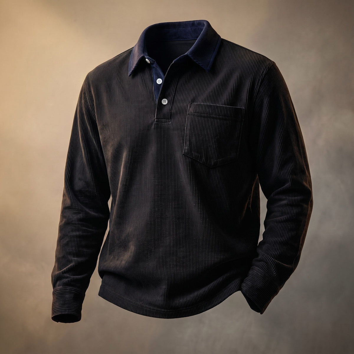 James - Men's Long Sleeve Ribbed Polo Shirt with Chest Pocket - Polos - Black - Parker&Brooks
