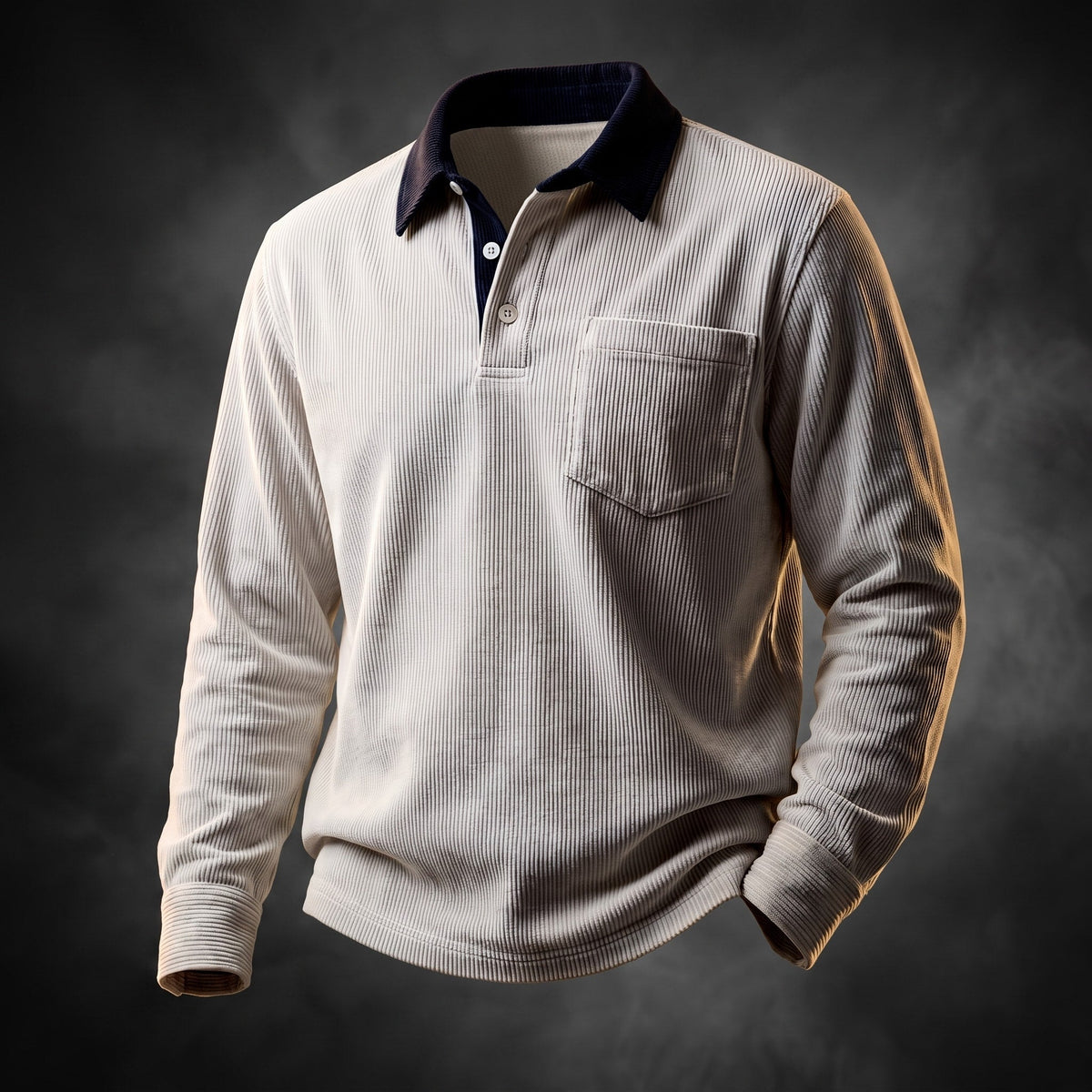 James - Men's Long Sleeve Ribbed Polo Shirt with Chest Pocket - Polos - White - Parker&Brooks