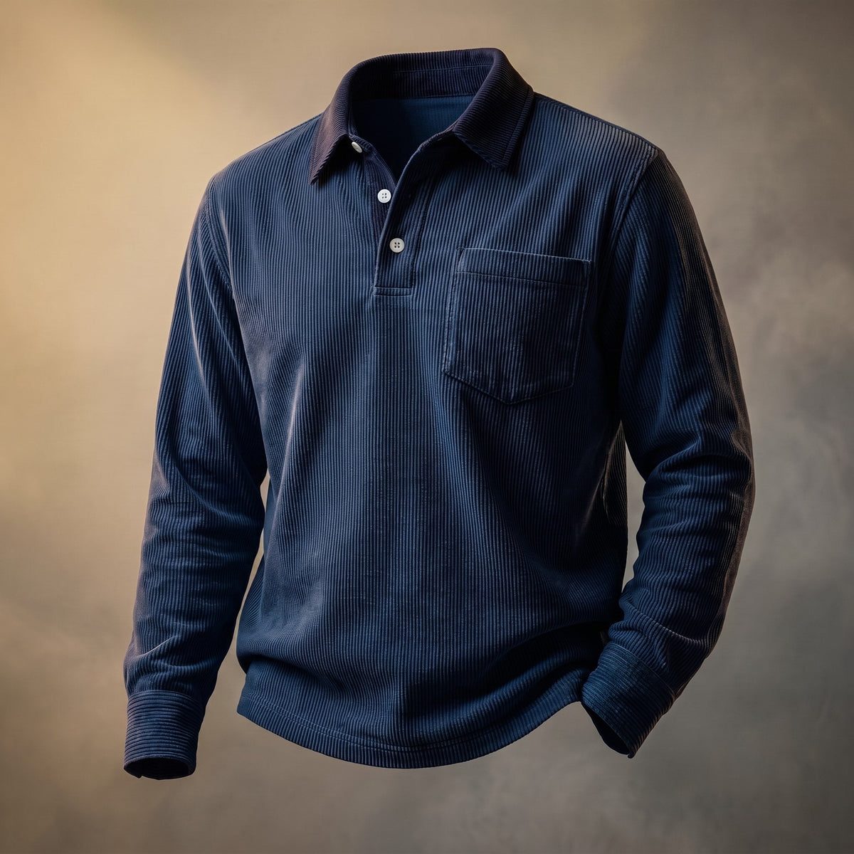 James - Men's Long Sleeve Ribbed Polo Shirt with Chest Pocket - Polos - Navy Blue - Parker&Brooks
