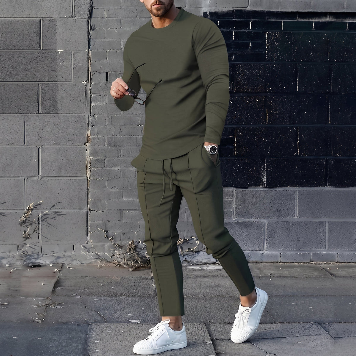 James - Men's Long Sleeve T-Shirt and Jogger Two-Piece Set - Loungewear Sets - Dark Green - Parker&Brooks
