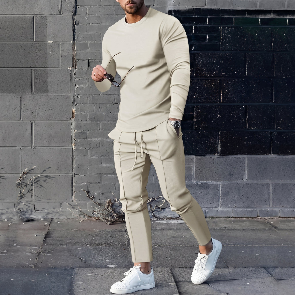 James - Men's Long Sleeve T-Shirt and Jogger Two-Piece Set - Loungewear Sets - Beige - Parker&Brooks