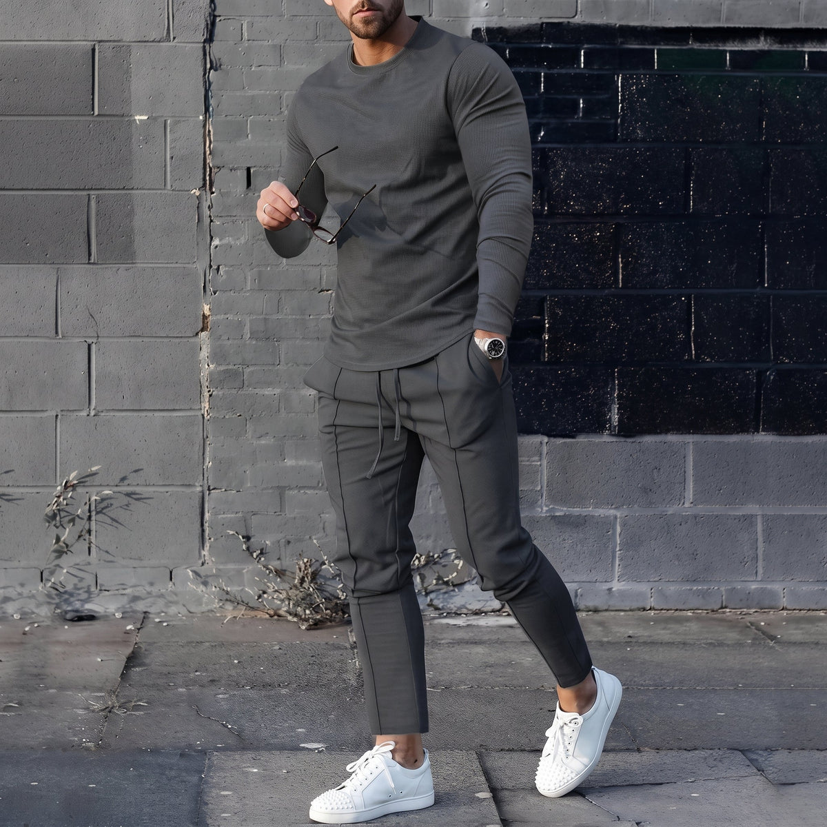 James - Men's Long Sleeve T-Shirt and Jogger Two-Piece Set - Loungewear Sets - Dark Gray - Parker&Brooks