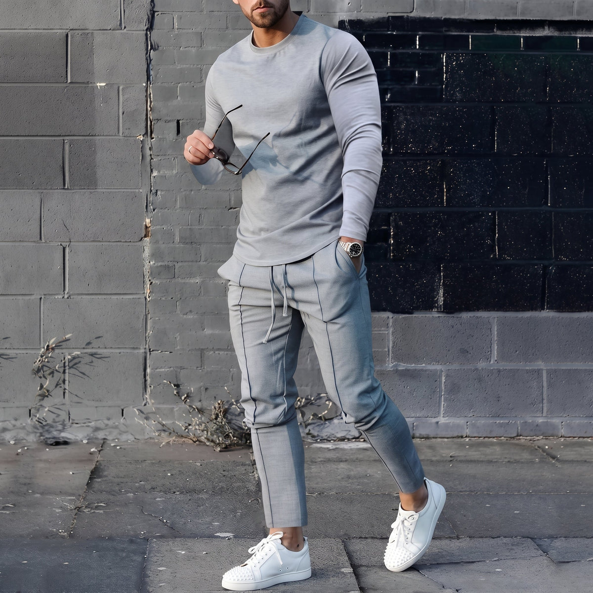 James - Men's Long Sleeve T-Shirt and Jogger Two-Piece Set - Loungewear Sets - Gray - Parker&Brooks