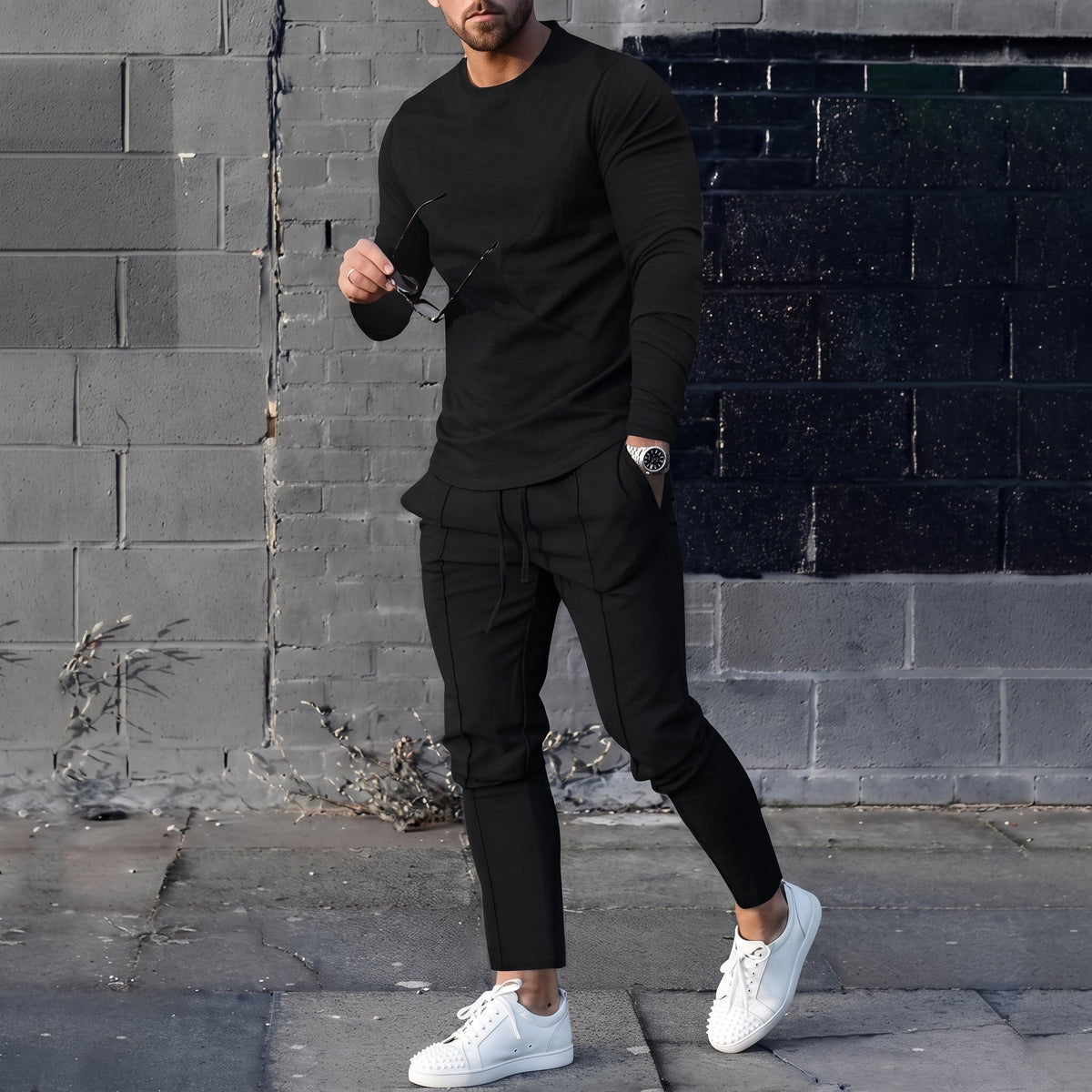 James - Men's Long Sleeve T-Shirt and Jogger Two-Piece Set - Loungewear Sets - Black - Parker&Brooks