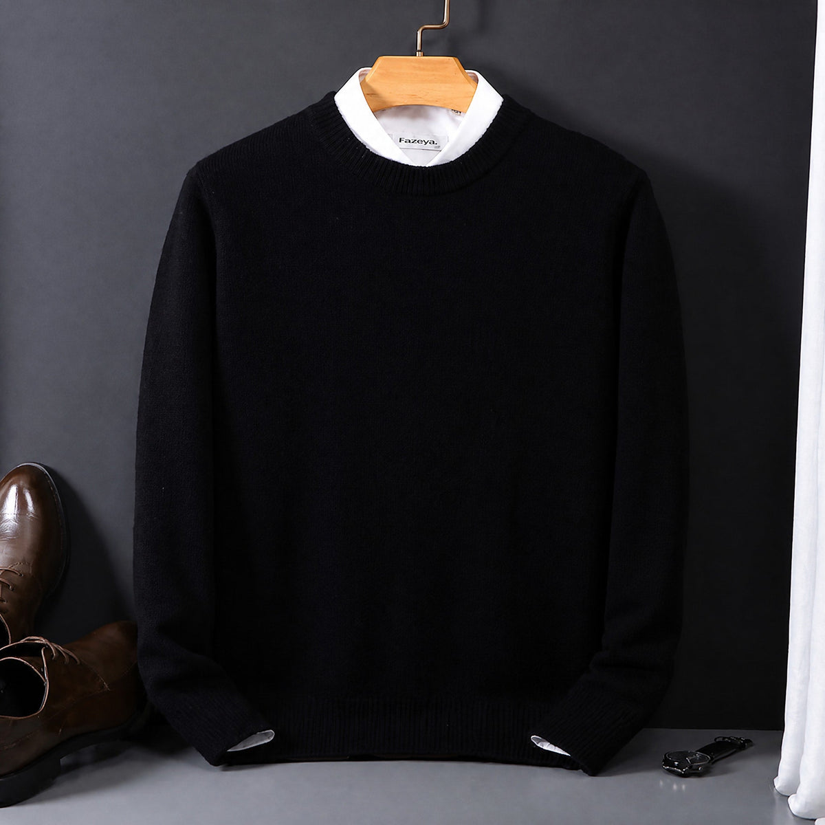 James - Men's Mock Neck Layered Collar Knit Sweater - Sweaters - Black - Parker&Brooks
