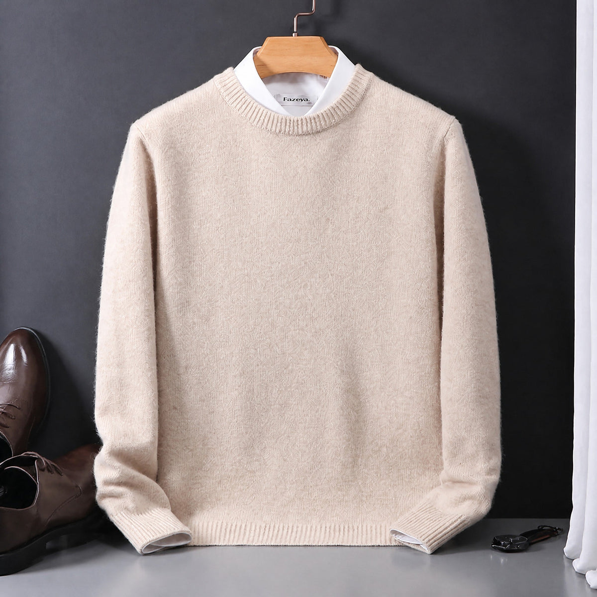 James - Men's Mock Neck Layered Collar Knit Sweater - Sweaters - Beige - Parker&Brooks