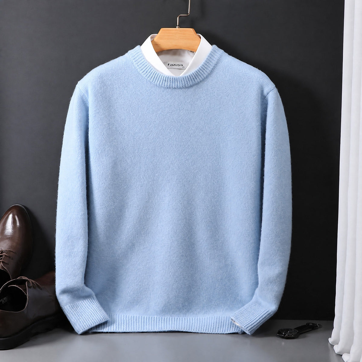 James - Men's Mock Neck Layered Collar Knit Sweater - Sweaters - Light Blue - Parker&Brooks