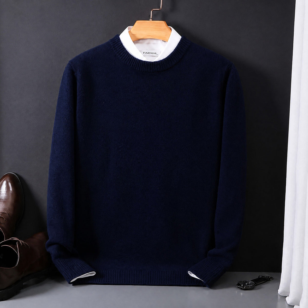 James - Men's Mock Neck Layered Collar Knit Sweater - Sweaters - Navy Blue - Parker&Brooks