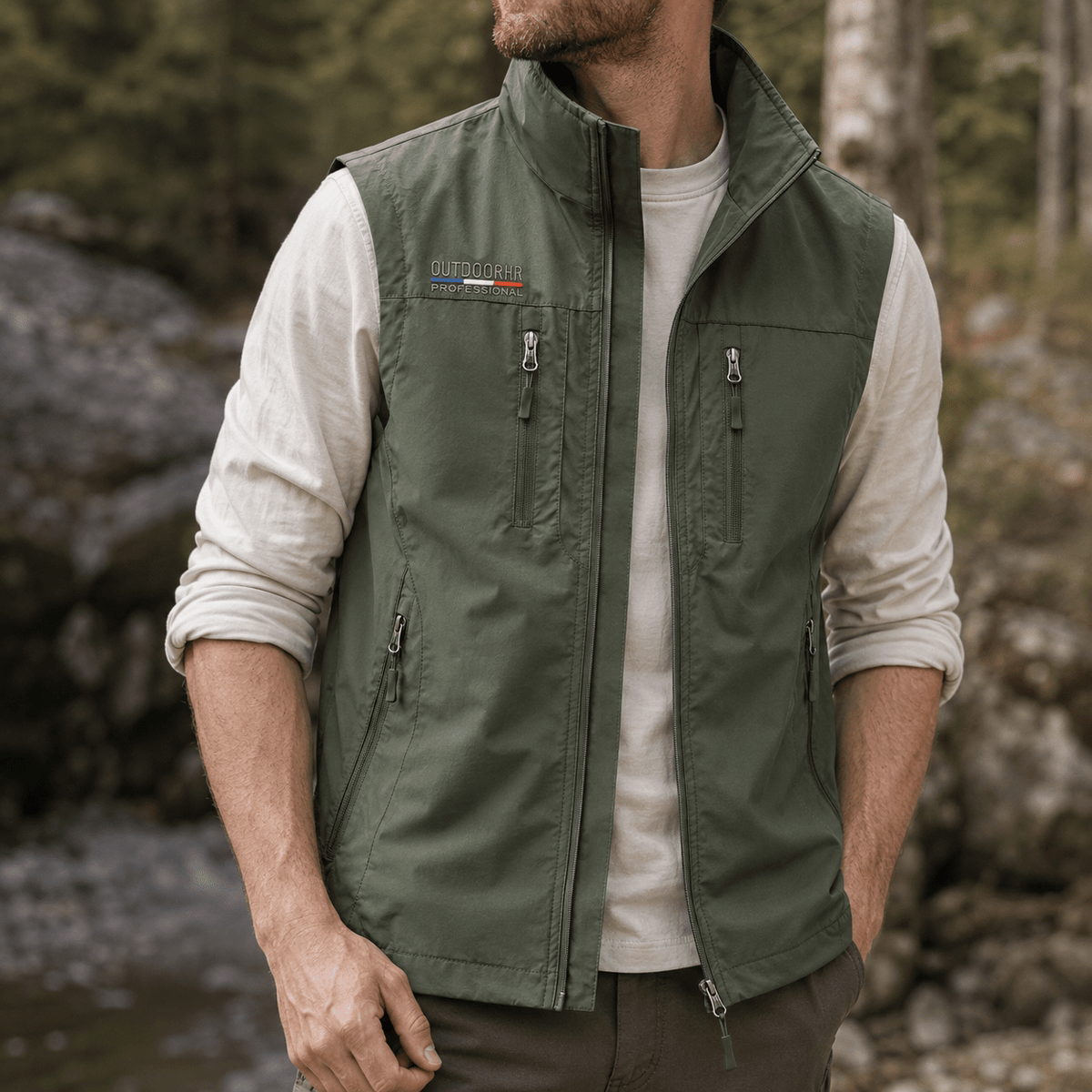 James - Men's Multi-Pocket Zip-Up Gilet with Stand Collar - Vests - Green - Parker&Brooks