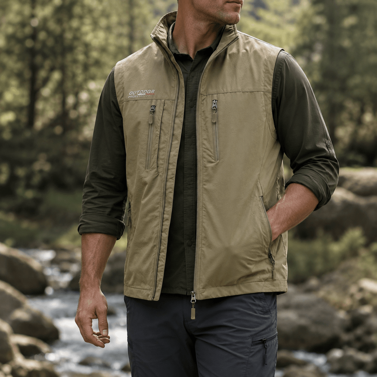 James - Men's Multi-Pocket Zip-Up Gilet with Stand Collar - Vests - Khaki - Parker&Brooks