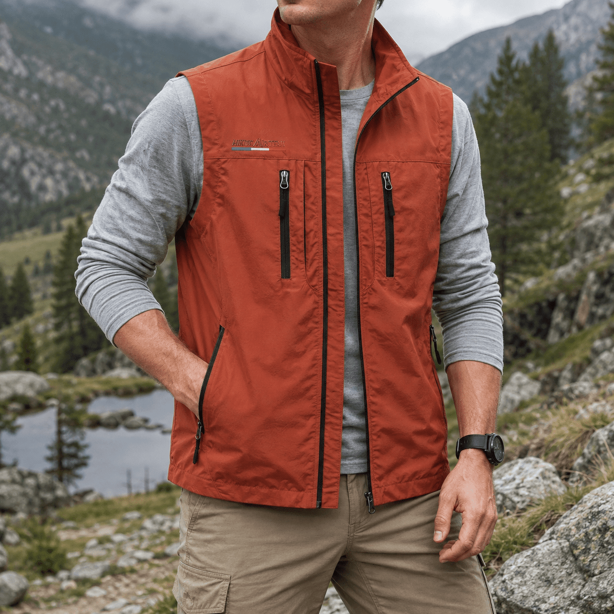 James - Men's Multi-Pocket Zip-Up Gilet with Stand Collar - Vests - Orange - Parker&Brooks