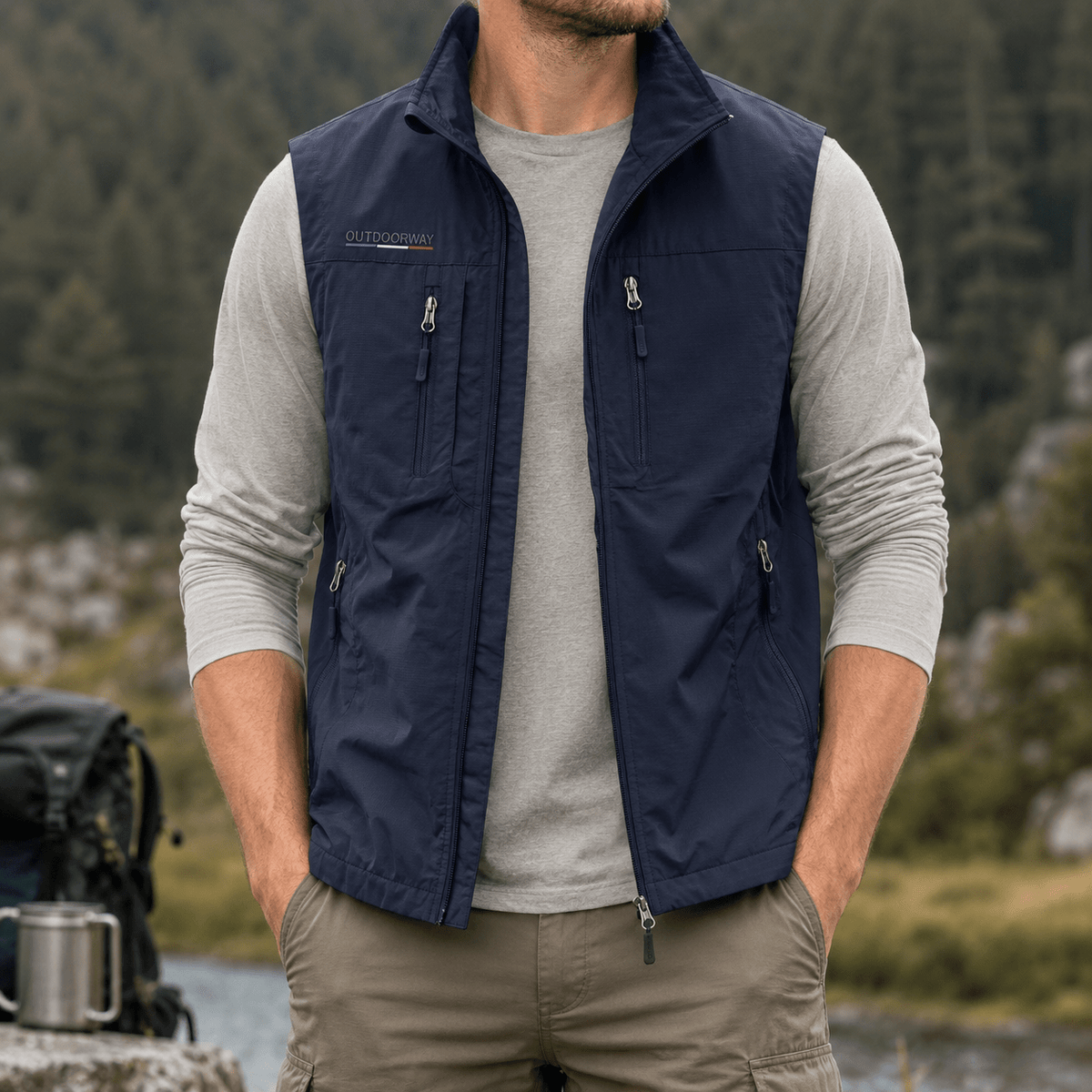 James - Men's Multi-Pocket Zip-Up Gilet with Stand Collar - Vests - Navy - Parker&Brooks