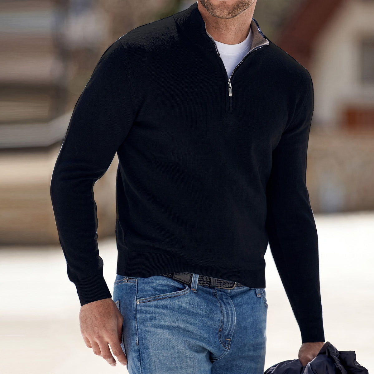 James - Men's Quarter-Zip Sweater with Ribbed Cuffs - Sweaters - Black - Parker&Brooks