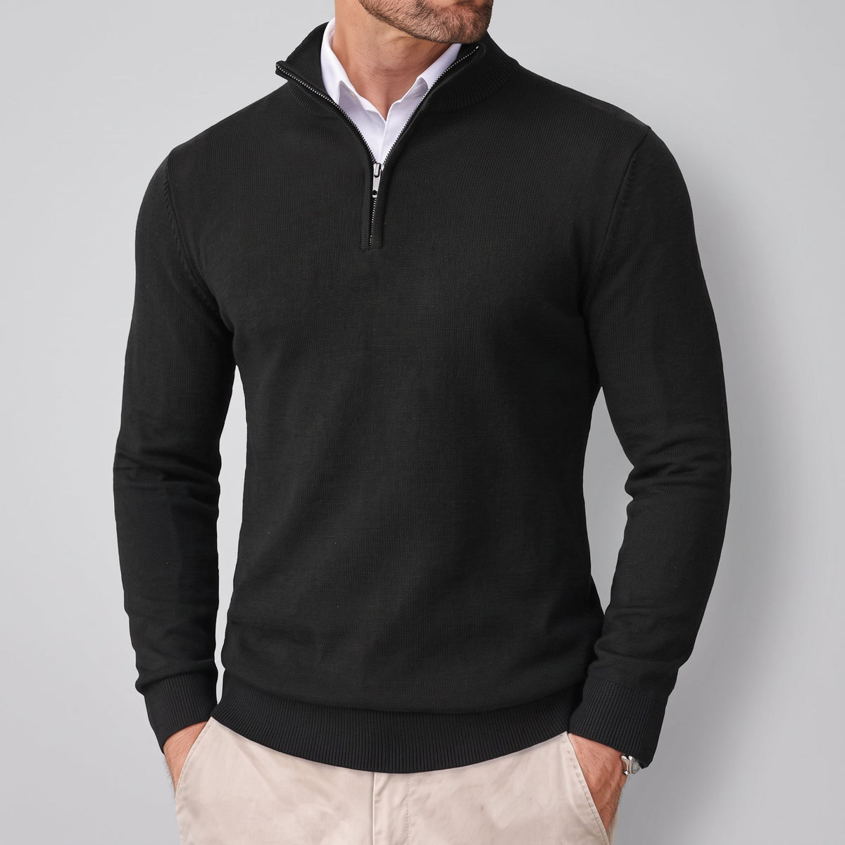 James - Men's Quarter-Zip Sweater with Stand Collar - Sweaters - Black - Sarvento