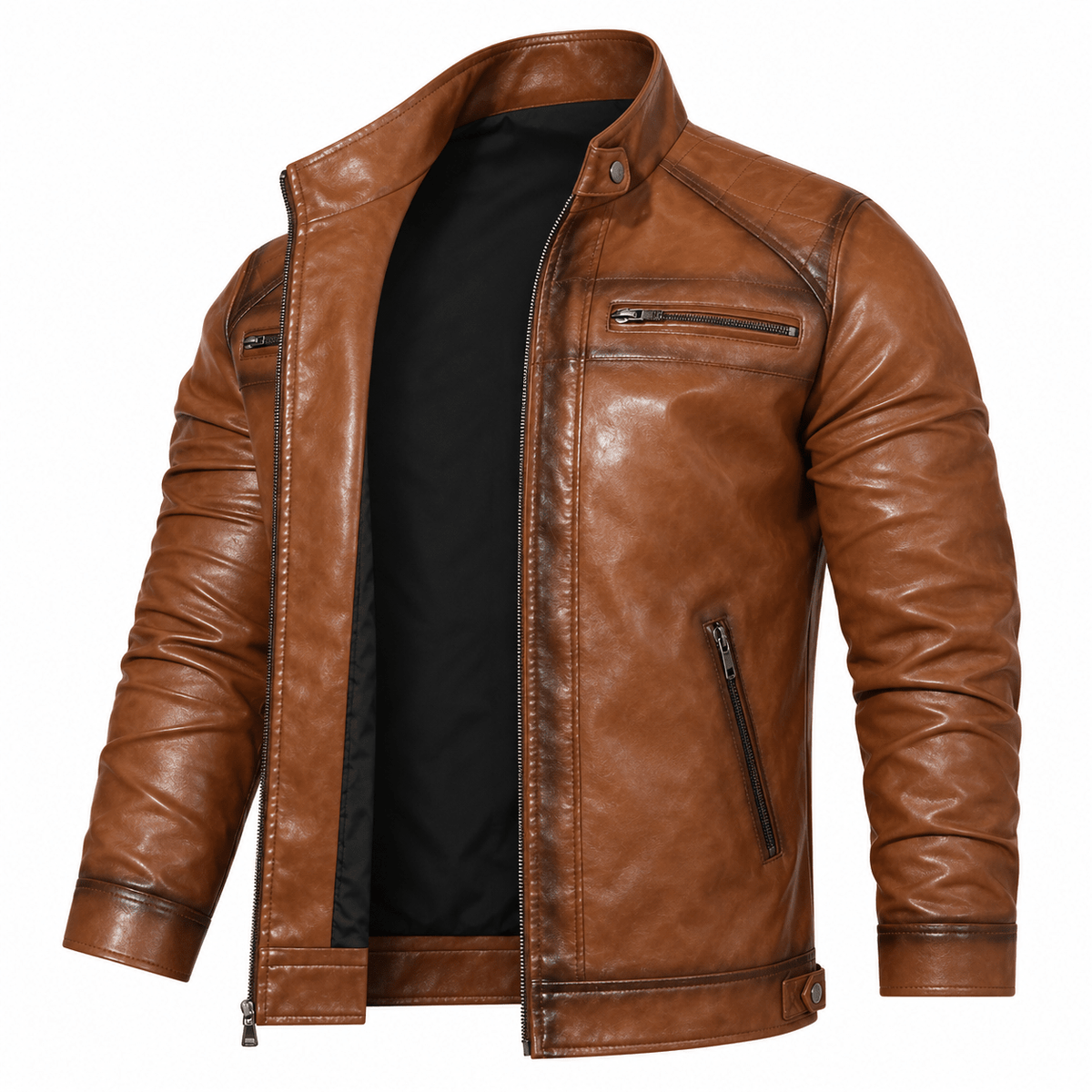 James - Men's Quilted Shoulder Moto Jacket with Zip Pockets - Motorcycle Outerwear - Brown - Sarvento