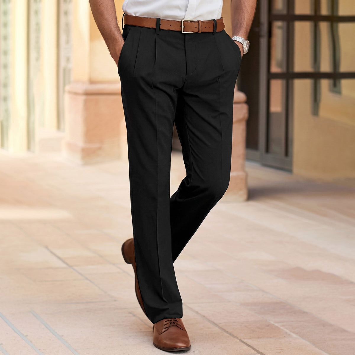 James - Men's Regular Fit Pleated Straight Leg Trousers - Trousers - Black - Parker&Brooks