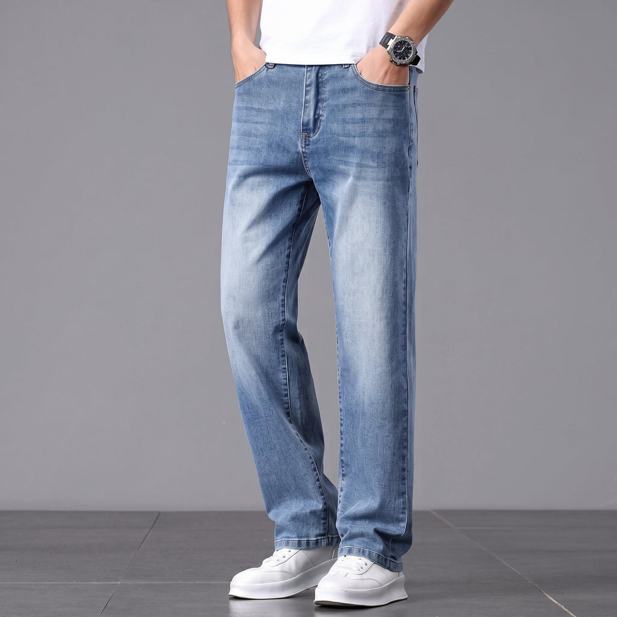 James - Men's Relaxed Fit Straight Leg Jeans with Washed Finish - Jeans - Blue - Parker&Brooks