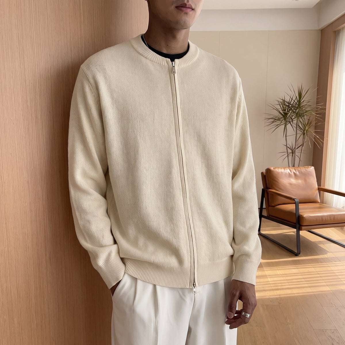 James - Men's Ribbed Knit Zip-Up Cardigan Sweater - Cardigans - Beige - Parker&Brooks