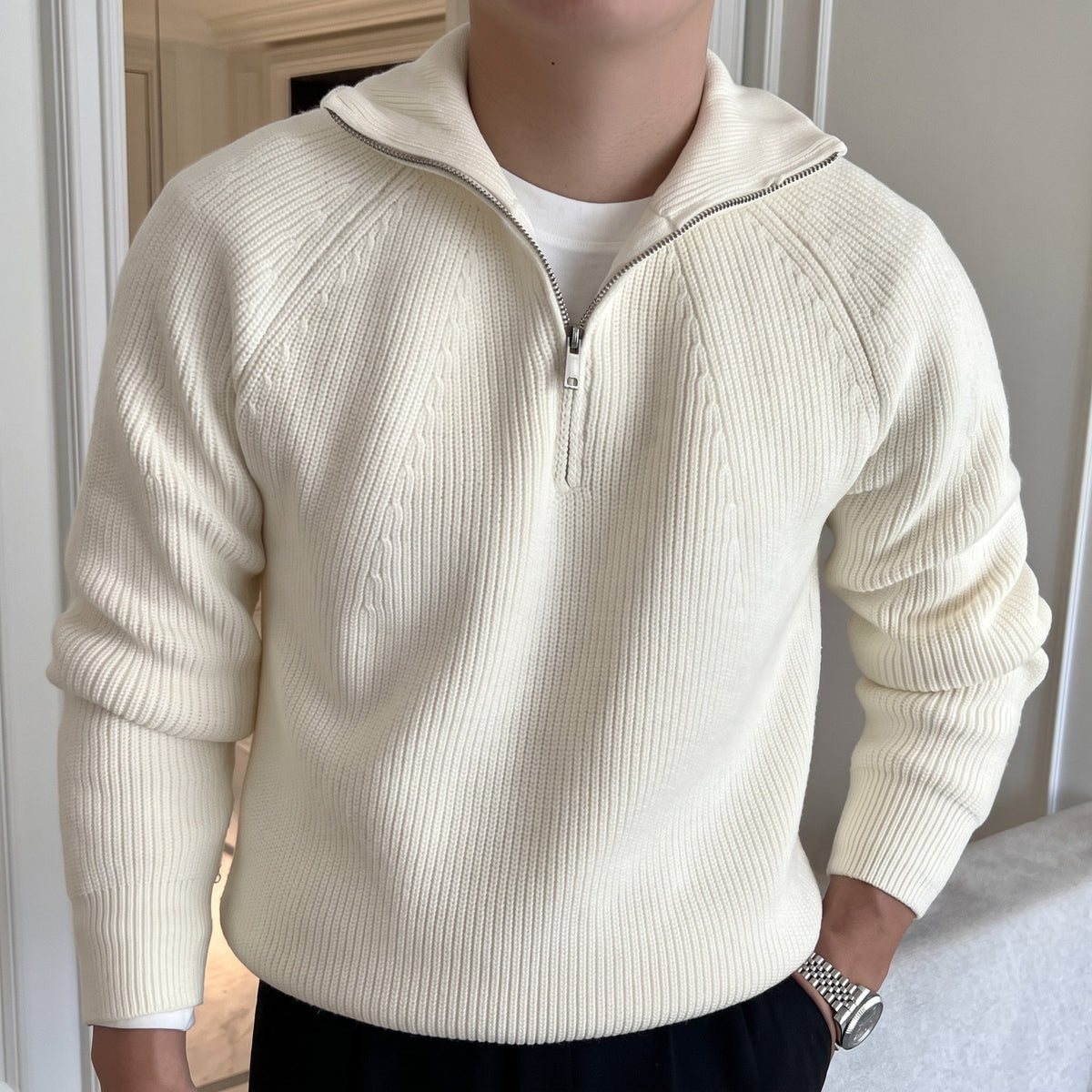 James - Men's Ribbed Quarter-Zip Sweater with Collared Neck - Sweaters - Beige - Sarvento