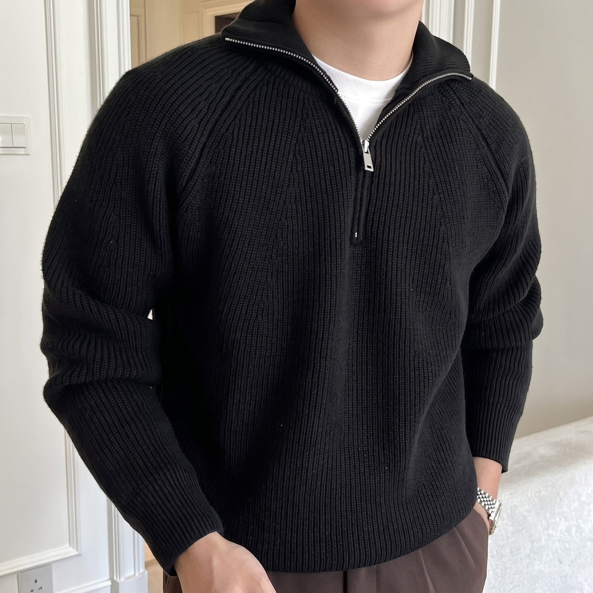 James - Men's Ribbed Quarter-Zip Sweater with Collared Neck - Sweaters - Cream - Sarvento