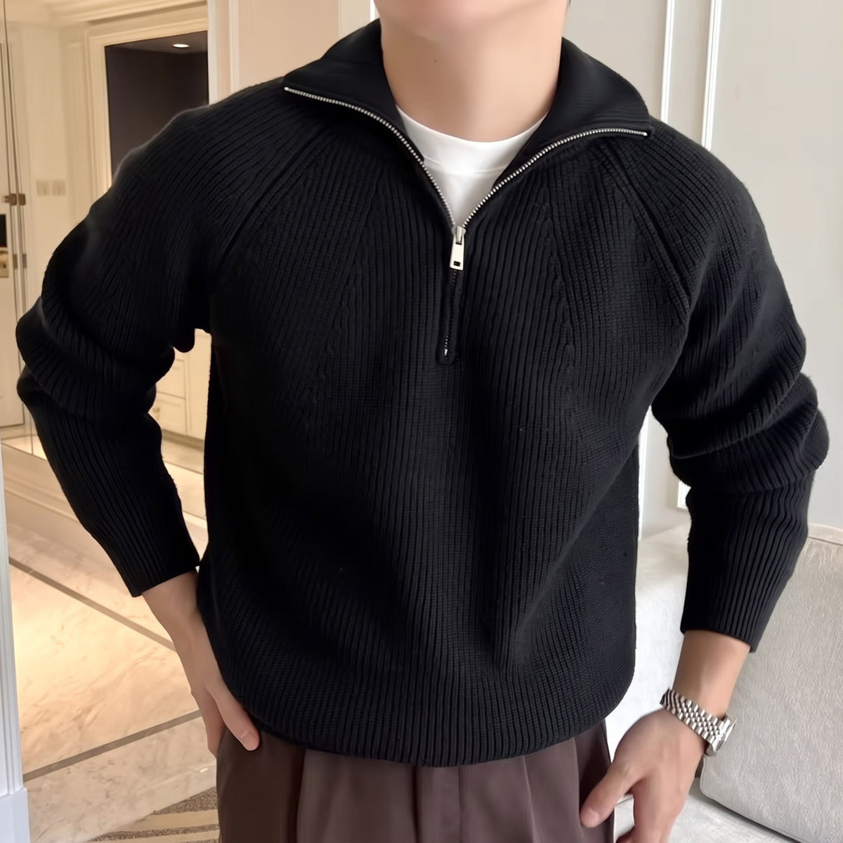James - Men's Ribbed Quarter-Zip Sweater with Collared Neck - Sweaters - Black - Sarvento