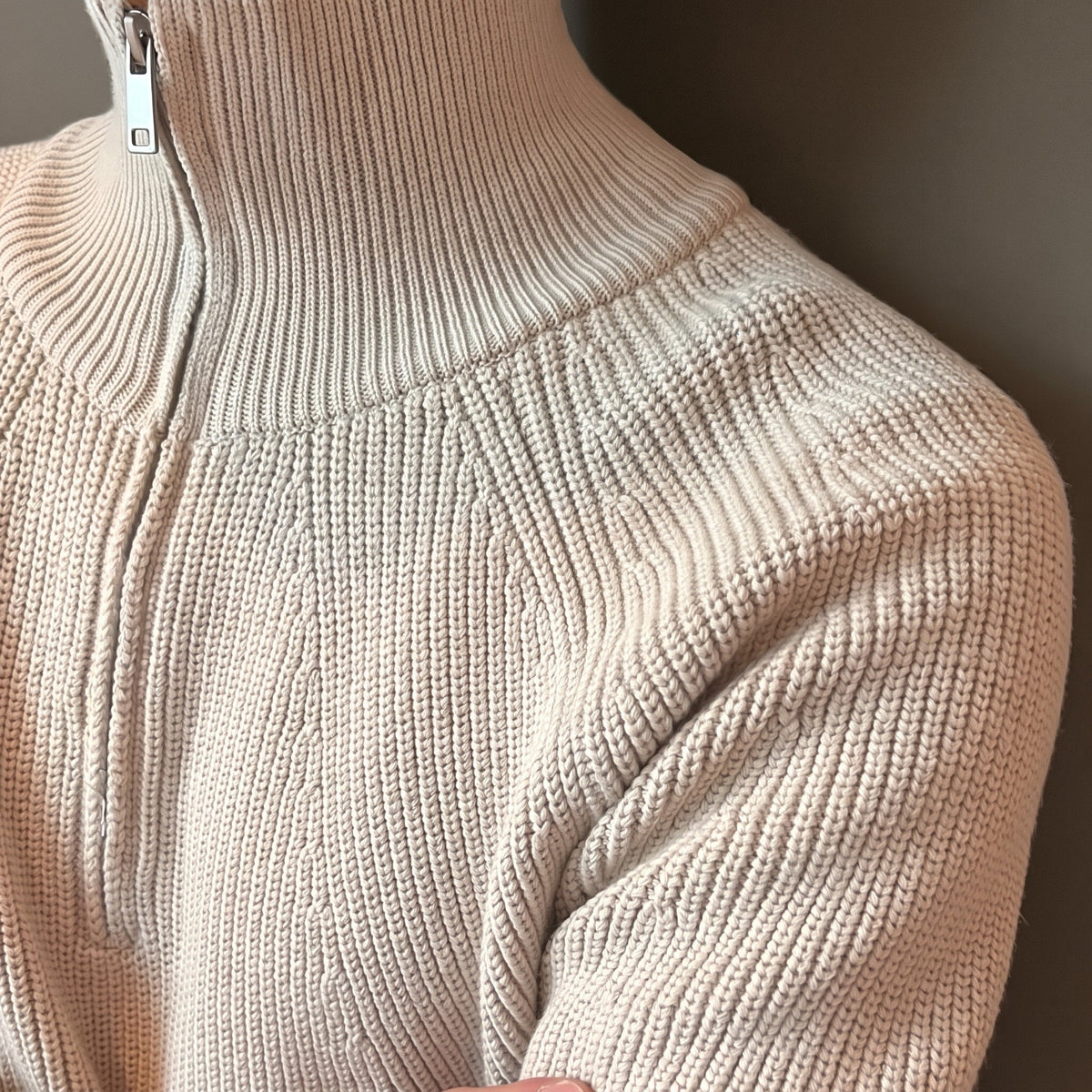 James - Men's Ribbed Quarter-Zip Sweater with Collared Neck - Sweaters - Beige - Sarvento