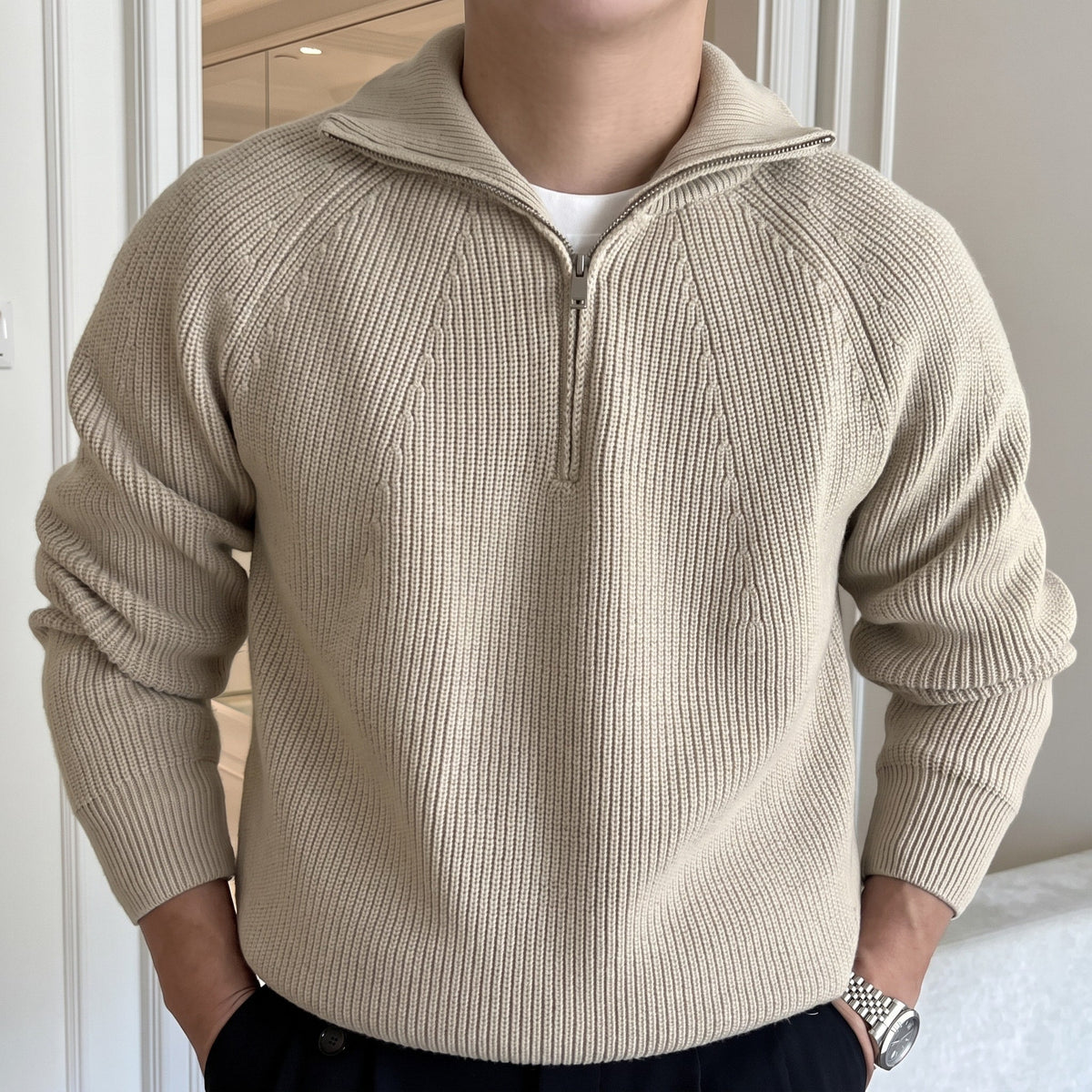 James - Men's Ribbed Quarter-Zip Sweater with Collared Neck - Sweaters - Beige - Sarvento