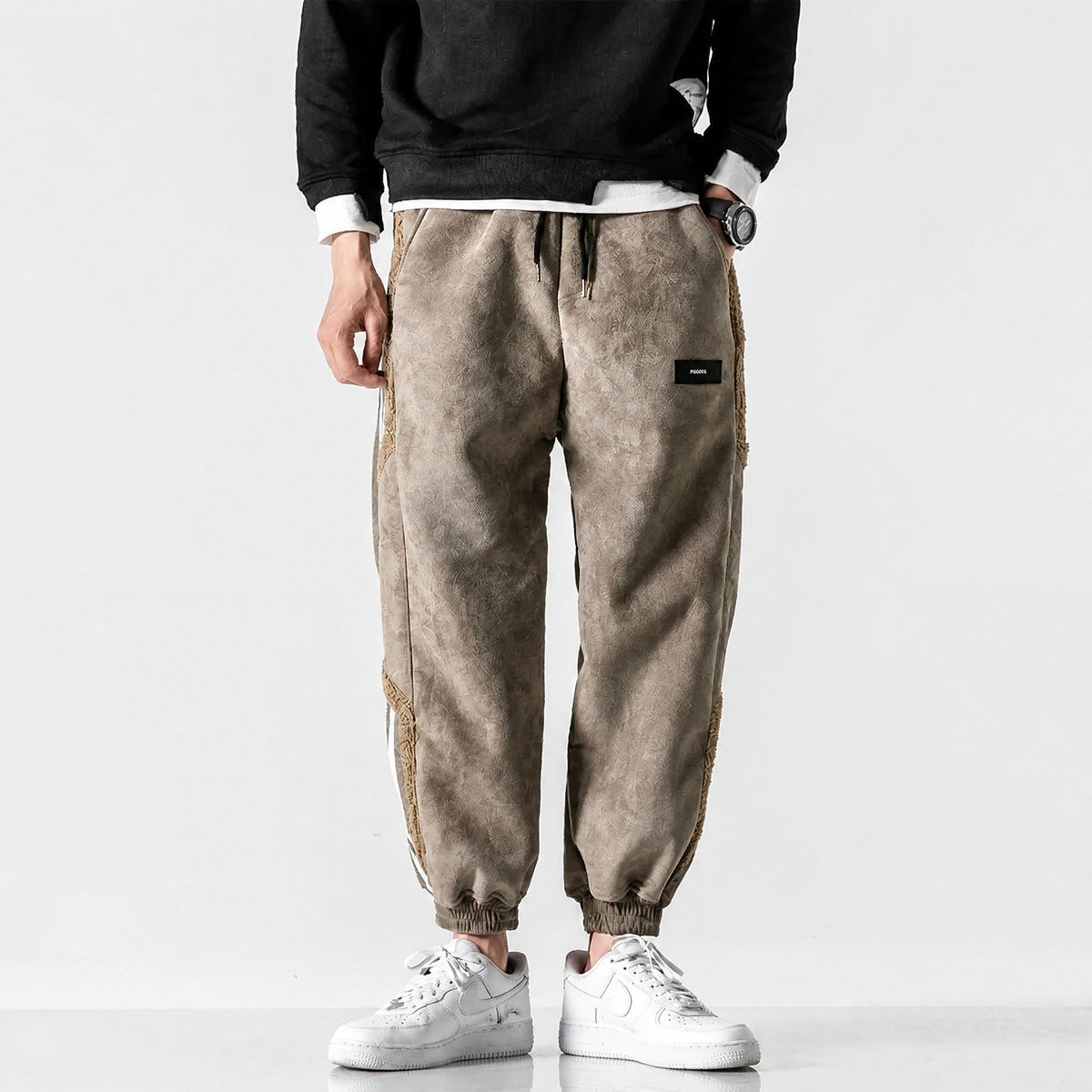 James - Men's Sherpa-Lined Striped Cargo Joggers with Elasticated Cuffs - Joggers - Khaki - Parker&Brooks