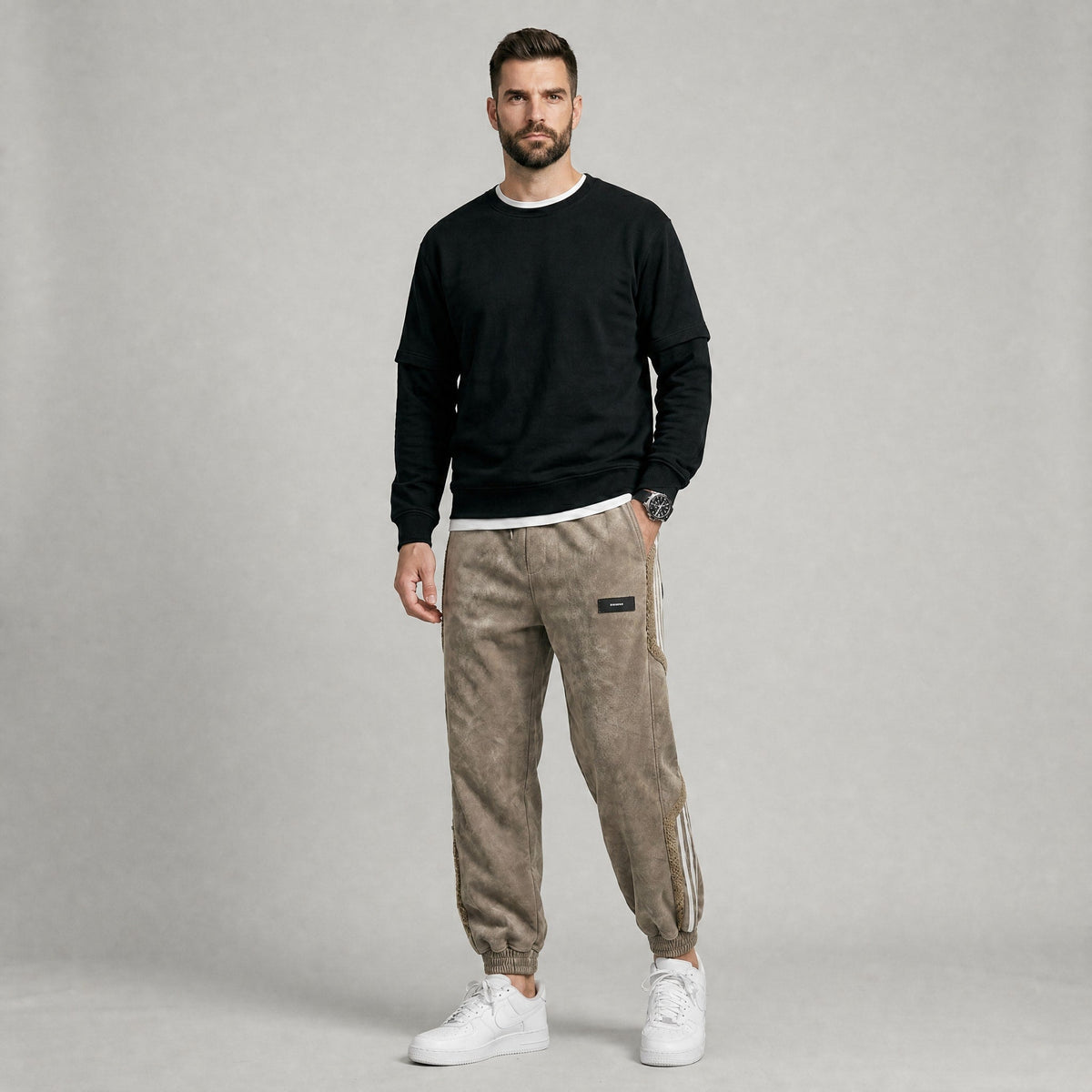 James - Men's Sherpa-Lined Striped Cargo Joggers with Elasticated Cuffs - Joggers - Khaki - Parker&Brooks