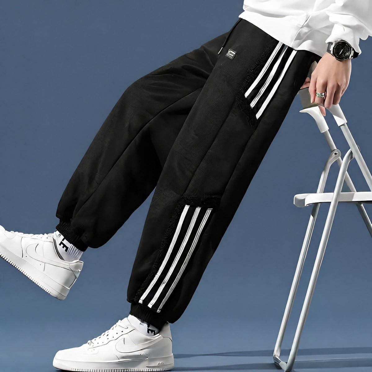 James - Men's Sherpa-Lined Striped Cargo Joggers with Elasticated Cuffs - Joggers - Black - Parker&Brooks