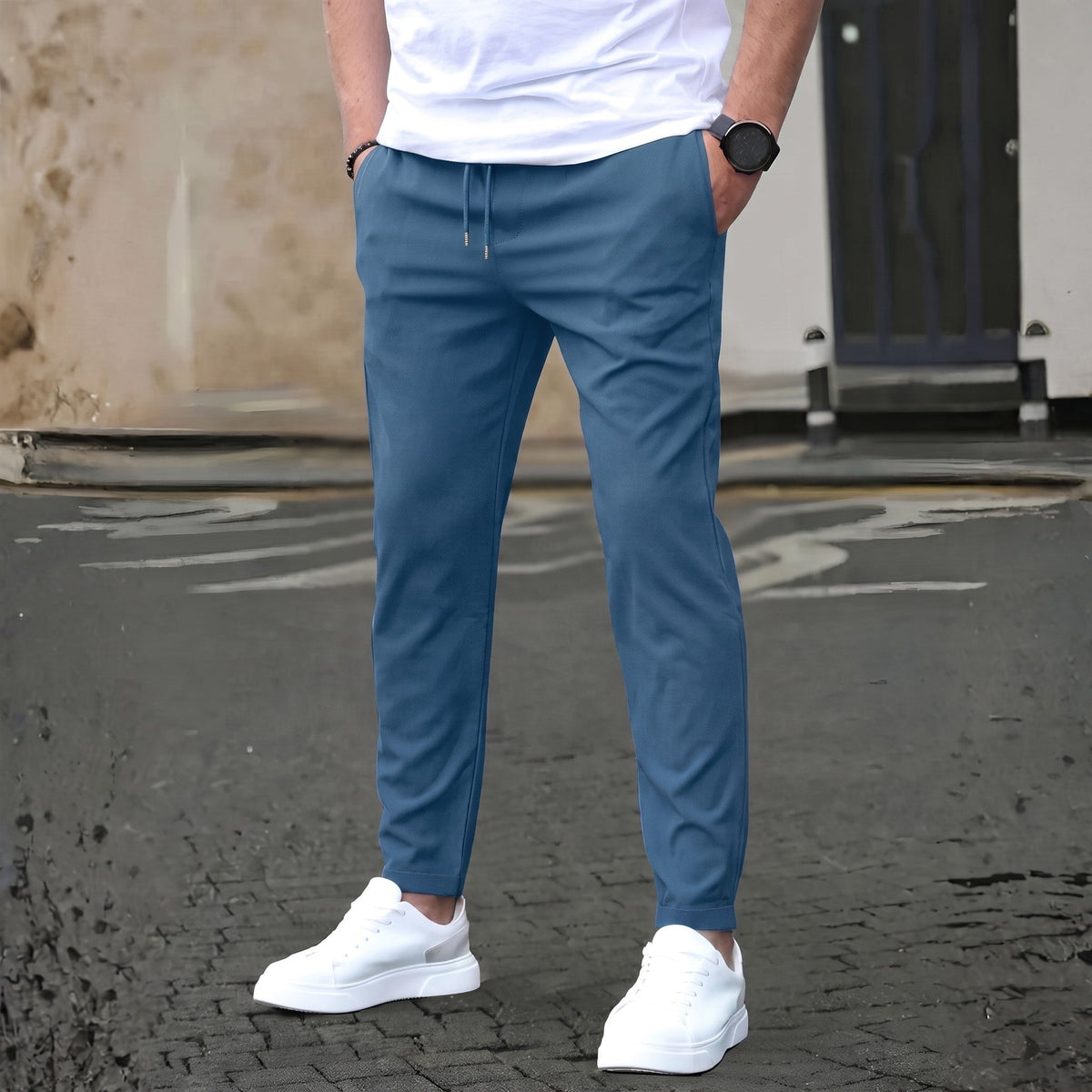 James - Men's Slim Fit Drawstring Jogger Trousers - Trousers - Blue - Parker&Brooks