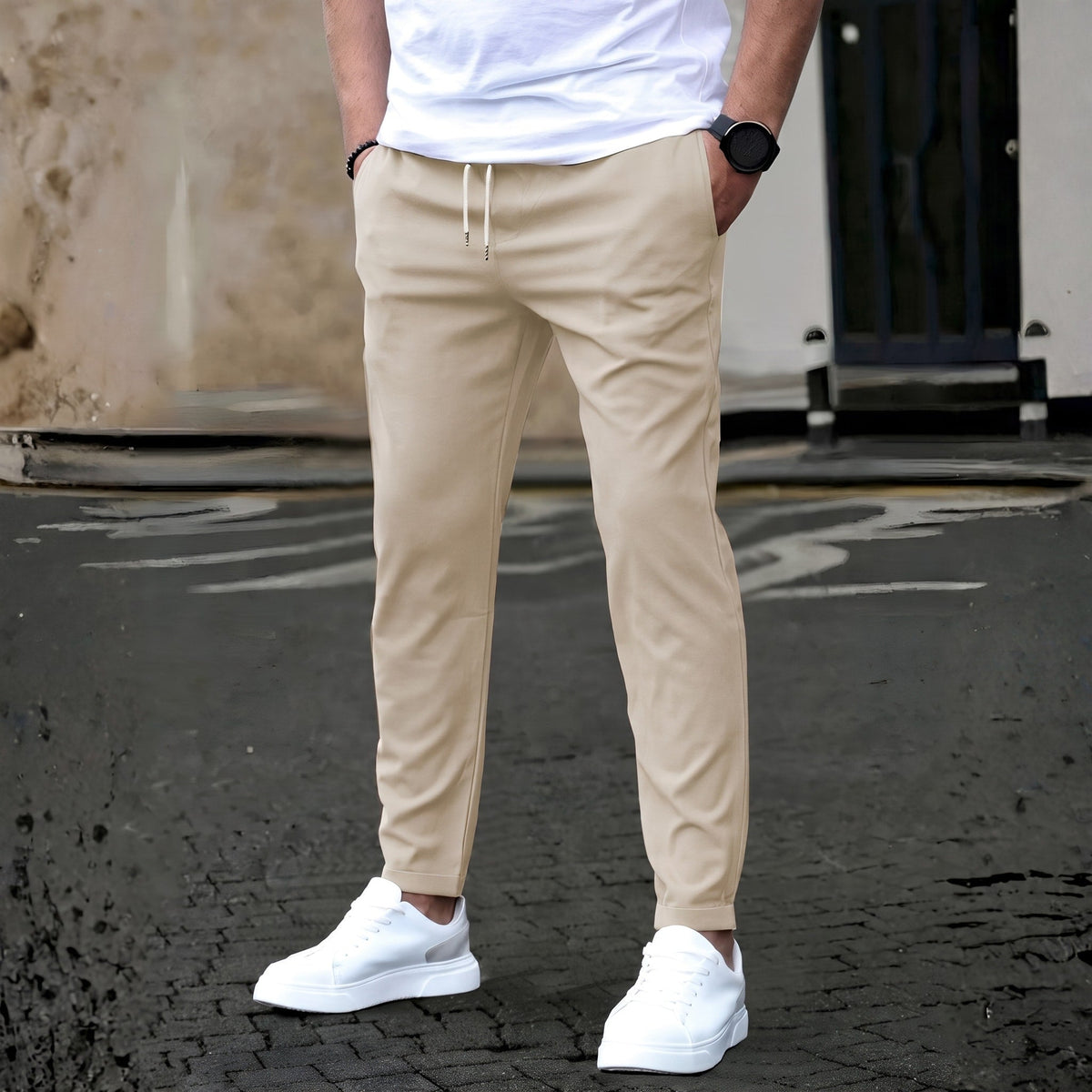 James - Men's Slim Fit Drawstring Jogger Trousers - Trousers - Beige - Parker&Brooks