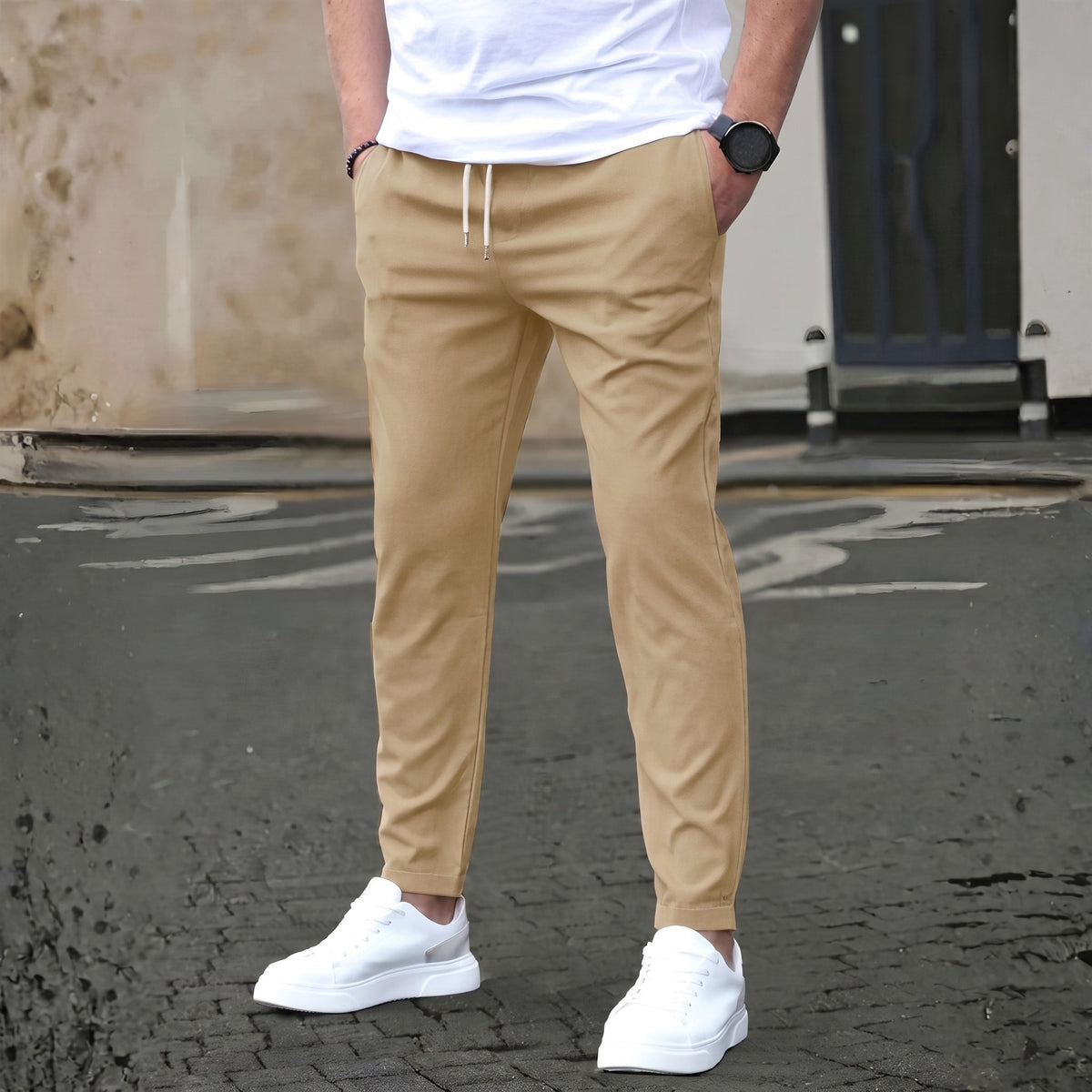 James - Men's Slim Fit Drawstring Jogger Trousers - Trousers - Khaki - Parker&Brooks