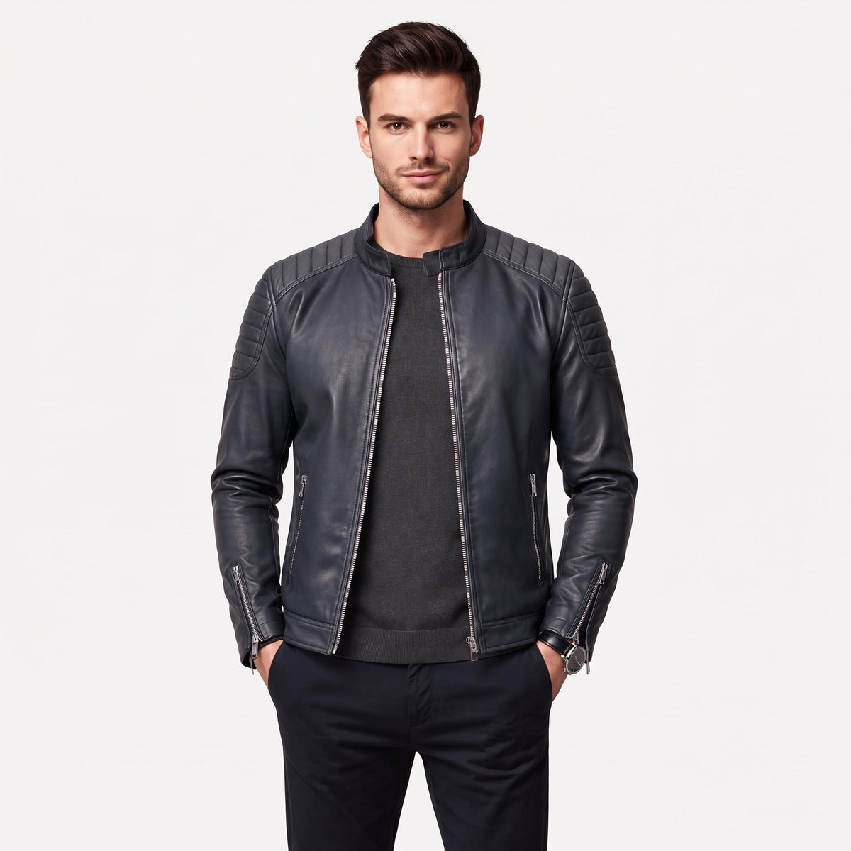 James - Men's Slim Fit Leather Biker Jacket with Snap Collar - Motorcycle Outerwear - Black - Parker&Brooks