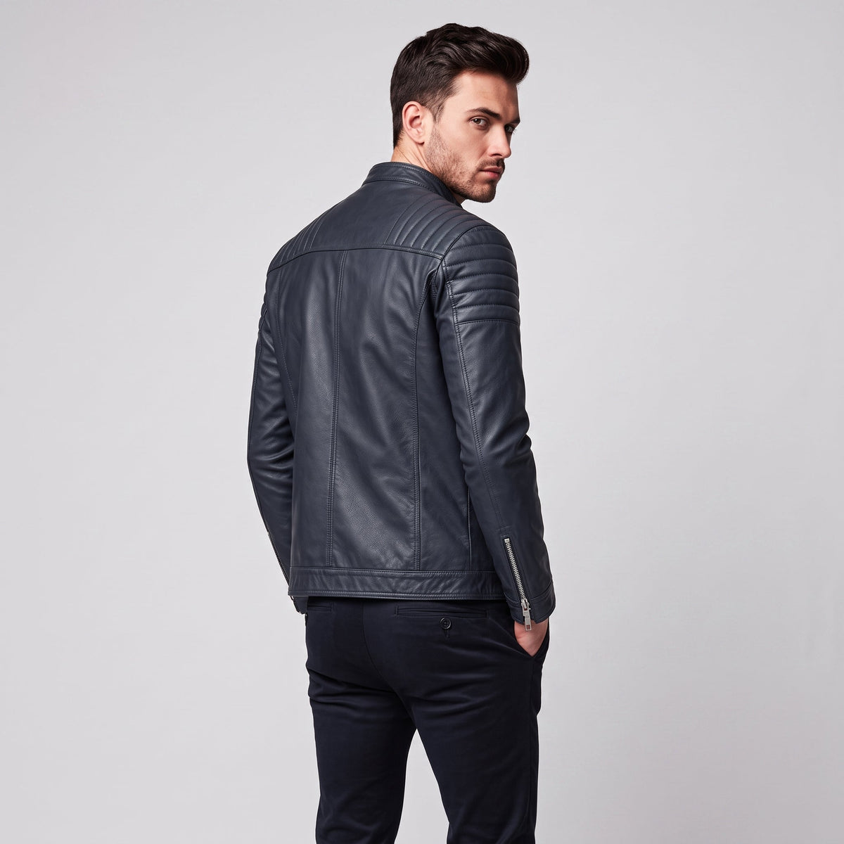 James - Men's Slim Fit Leather Biker Jacket with Snap Collar - Motorcycle Outerwear - Black - Parker&Brooks