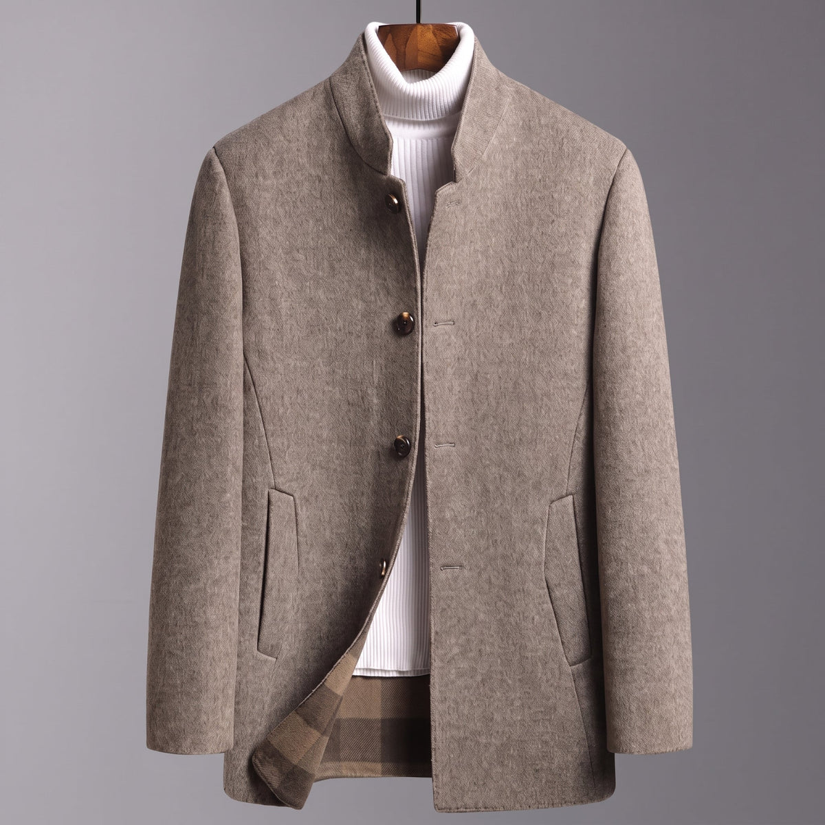 James - Men's Tailored Stand Collar Wool Blend Coat - Overcoats - Beige - Parker&Brooks