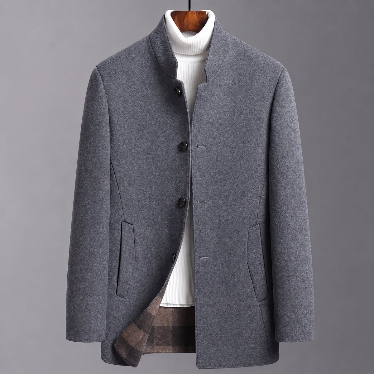James - Men's Tailored Stand Collar Wool Blend Coat - Overcoats - Dark Gray - Parker&Brooks