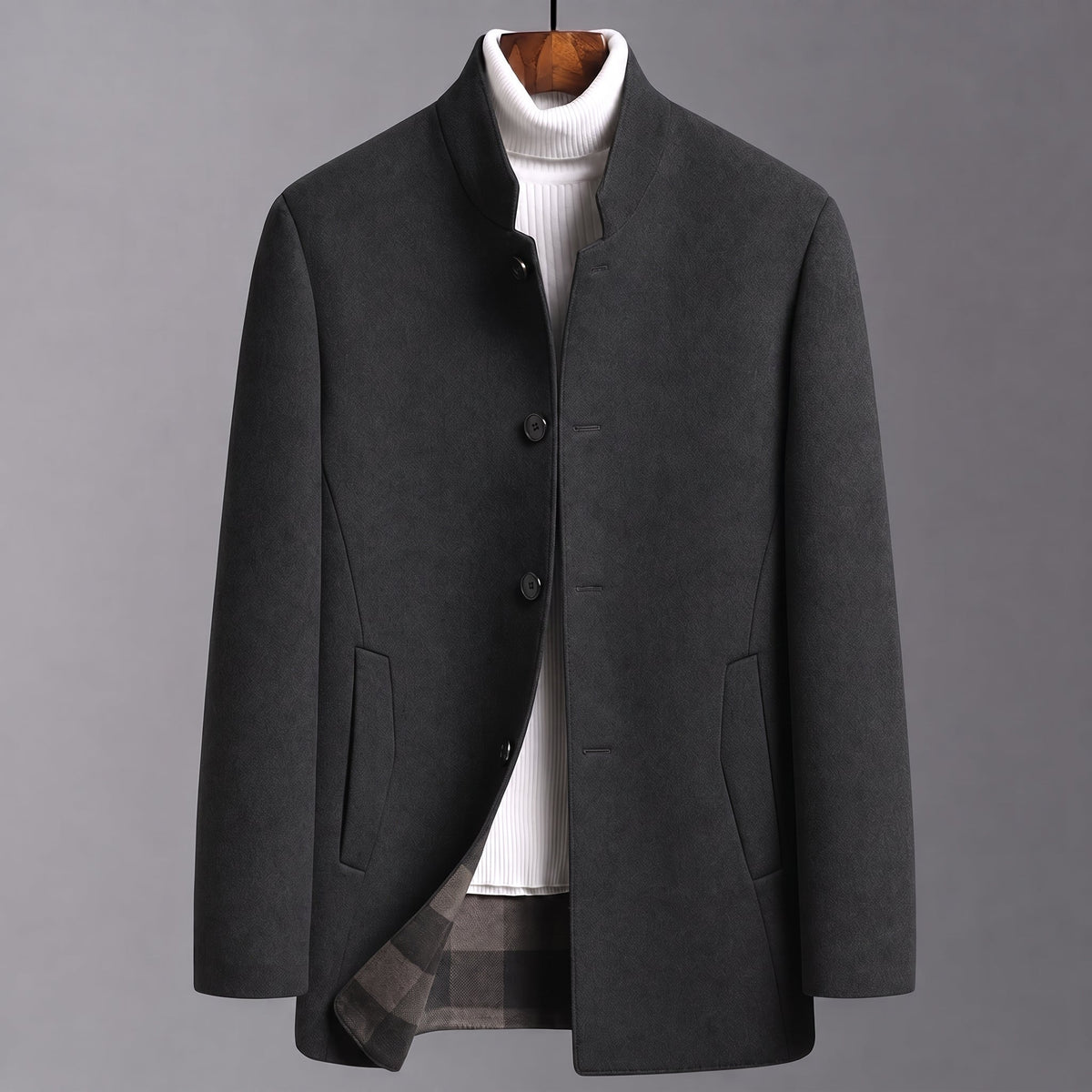 James - Men's Tailored Stand Collar Wool Blend Coat - Overcoats - Black - Parker&Brooks
