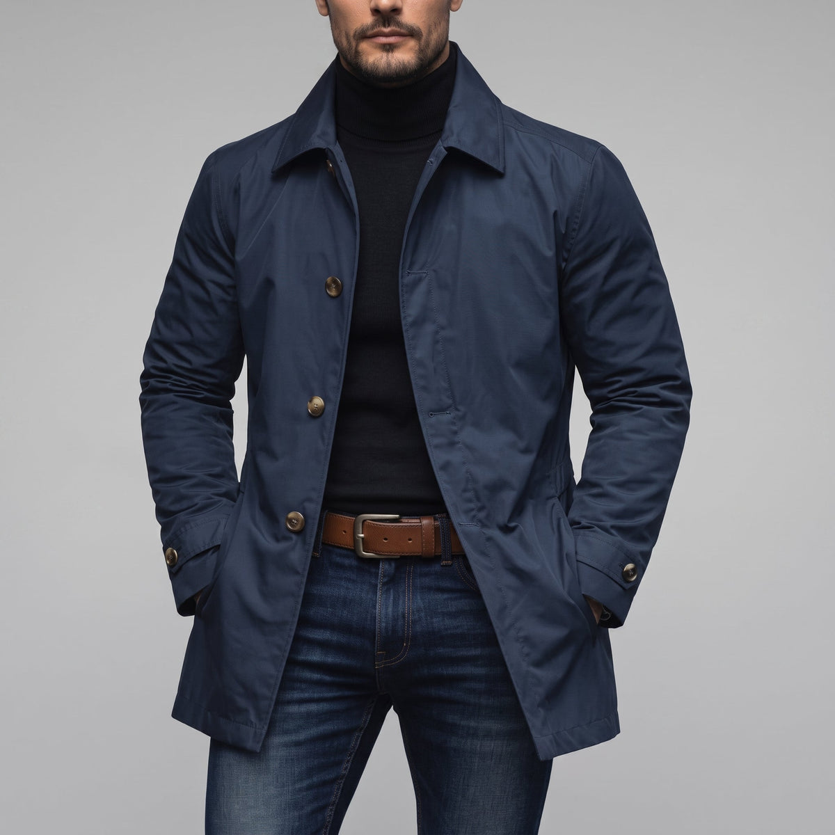 James - Men's Transitional Single-Breasted Mac Coat - Coats & Jackets - Navy Blue - Parker&Brooks