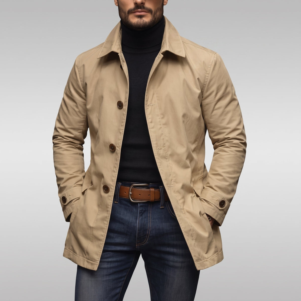 James - Men's Transitional Single-Breasted Mac Coat - Coats & Jackets - Beige - Parker&Brooks