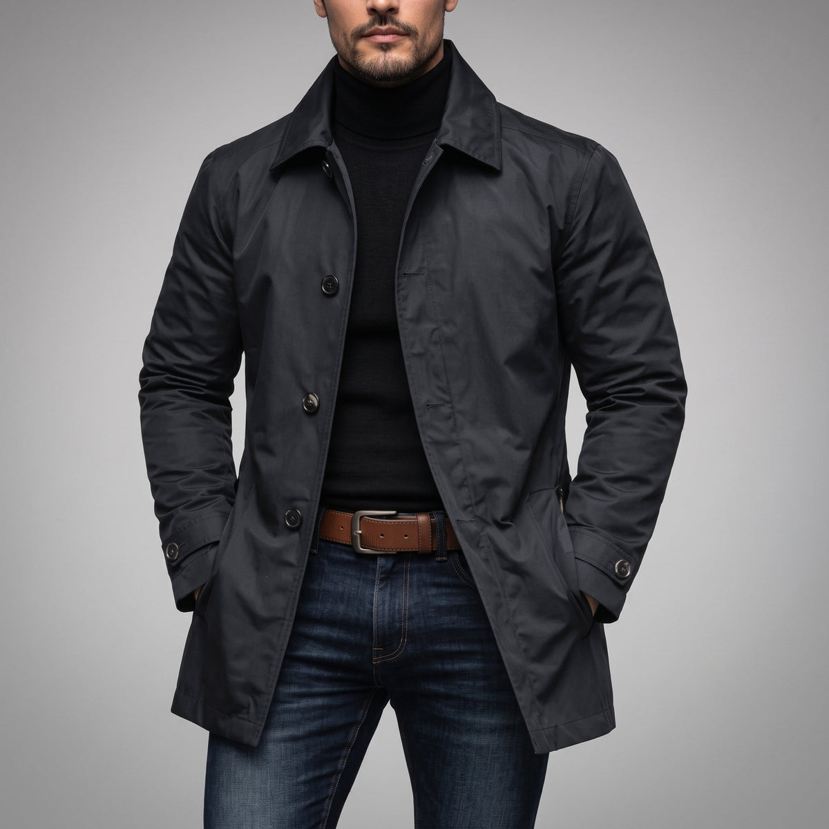 James - Men's Transitional Single-Breasted Mac Coat - Coats & Jackets - Black - Parker&Brooks