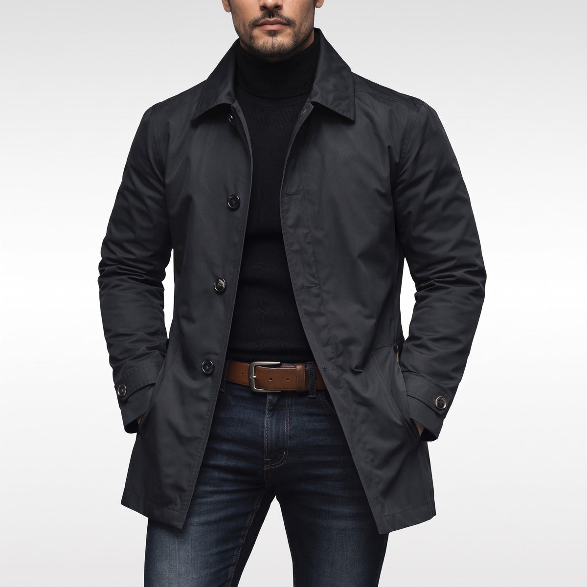 James - Men's Transitional Single-Breasted Mac Jacket - Coats & Jackets - Black - Parker&Brooks