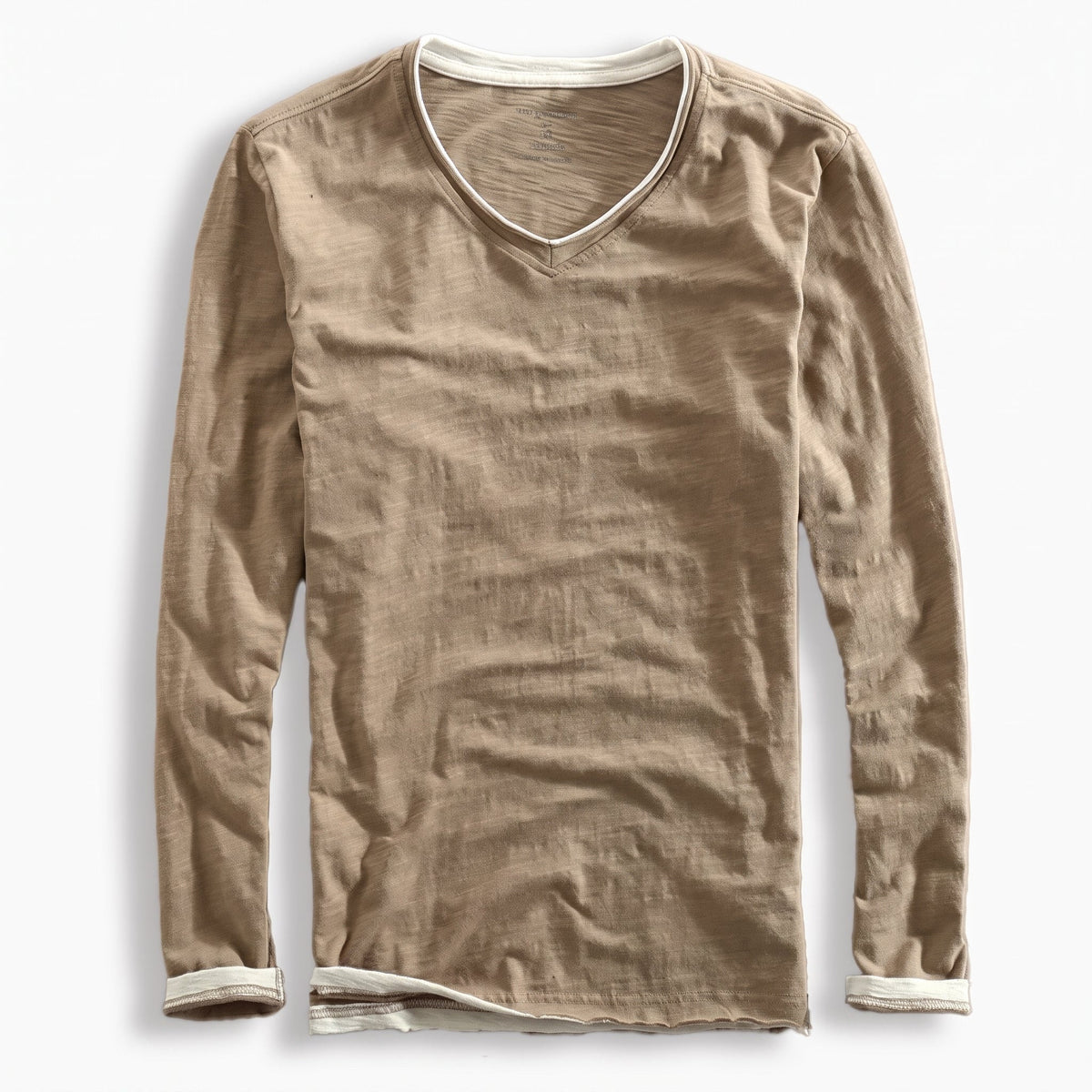 James - Men's V-Neck Layered Long Sleeve T-Shirt with Contrast Trim - T-Shirts - Brown - Parker&Brooks