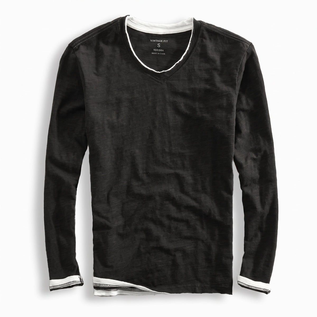 James - Men's V-Neck Layered Long Sleeve T-Shirt with Contrast Trim - T-Shirts - Black - Parker&Brooks