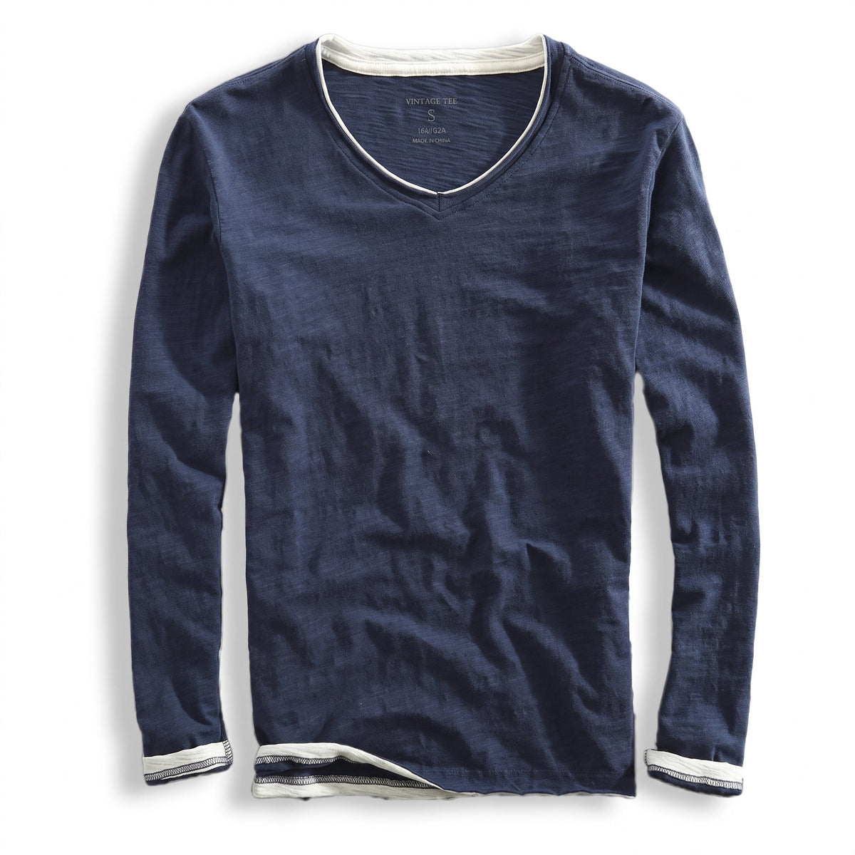 James - Men's V-Neck Layered Long Sleeve T-Shirt with Contrast Trim - T-Shirts - Navy Blue - Parker&Brooks
