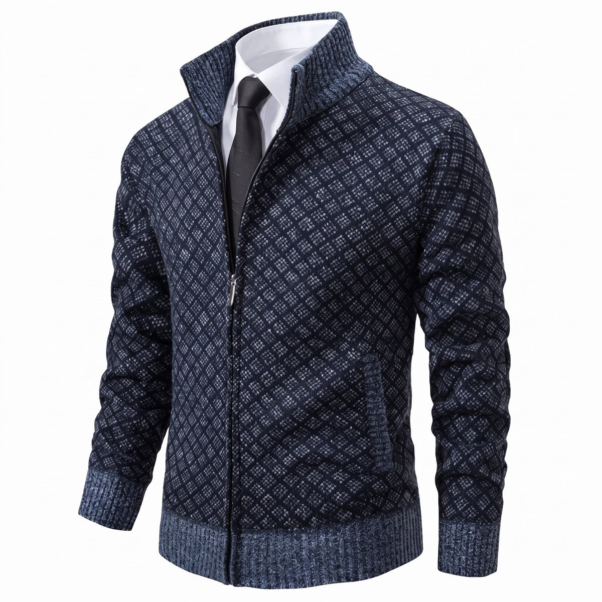 James - Men's Zip-Up Diamond Knit Sweater Jacket with Stand Collar - Sweaters - Blue - Parker&Brooks