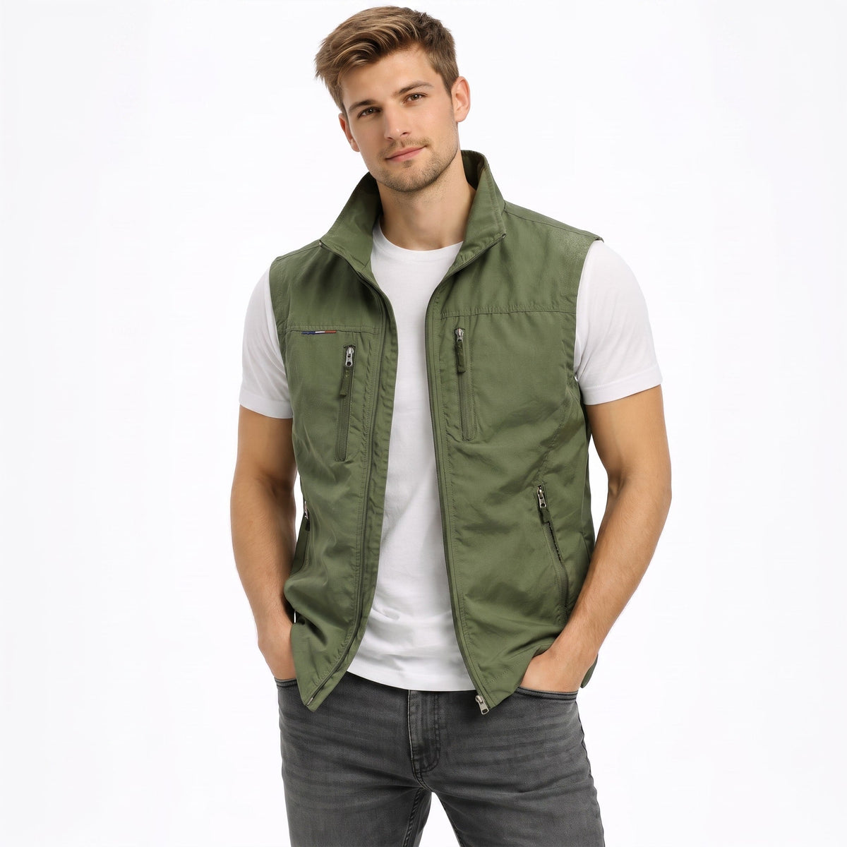 James - Men's Zip-Up Vest with Stand Collar and Multiple Pockets - Vests - Green - Parker&Brooks